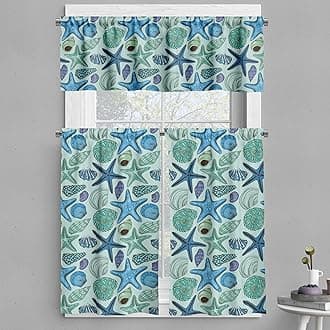 Ambesonne Starfish Valance & Tier Curtain 3 pcs Set, Aquarium Inspired Composition Tropical Seashells and Scallops Cockles and Clams, Window Treatments for Kitchen Room Decor, 55" x 24", Blue Seafoam