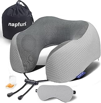 napfun Neck Pillow for Travel with Travel Pouch, Sleep Mask & Earplugs, Memory Foam Airplane Pillow for Headrest Sleep with Eyeshades, Plane Essentials with Eye Blindfold, Light Gray Striped Kit
