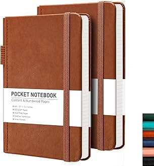 RETTACY Pocket Notebook, 2-Pack, A6 Mini Lined Journal Notebook with 160 Numbered Pages per Pack, 3.5" × 5.5" Small Size, Notepad for Work, Leather Hardcover, 100 GSM Thick Paper (Brown & Brown)