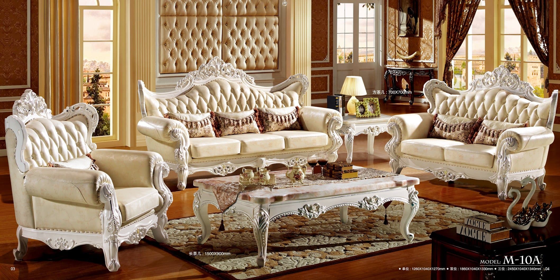 Solid Wood Frame Carved by Hand, Leather and Luxury Classical Sofa Sets, Collection 3pc:Chair and Loveseat and Sofa .Cream White