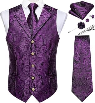 DiBanGu Mens Vest Tie Set 7PCS Silk Paisley Suit Waistcoat and Necktie Hankerchief Cufflinks Lapel Pin Set for Wedding Party