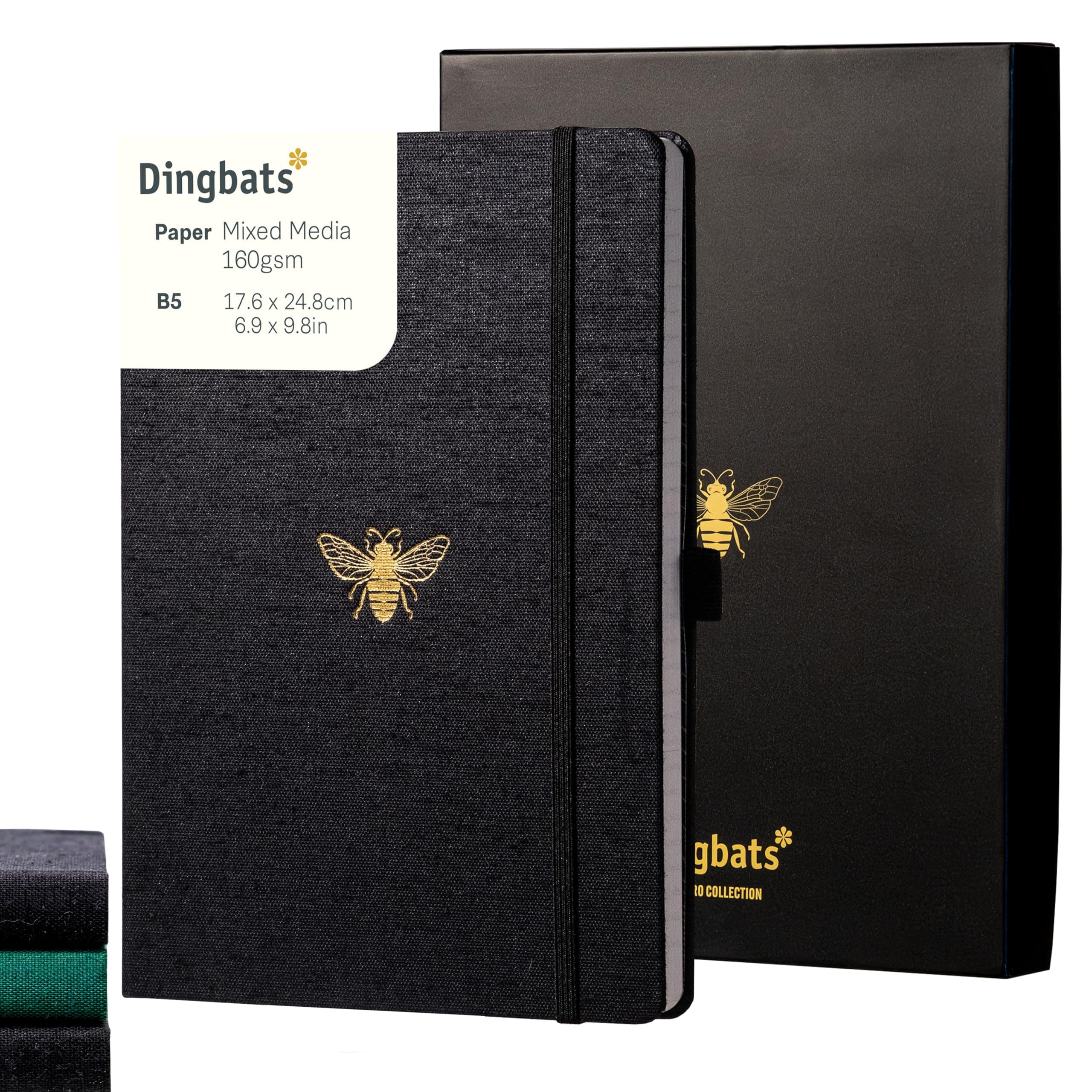 Dingbats* Pro Plain Large B5 Notebook with Gift Box - Black Textile Cover, Thread-Bound Writing Journal - Pocket, Elastic Closure, Bookmark