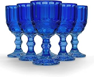 elle decor Set of 6 Wine Glasses | Colored Glassware Set | Colored Wine Glasses | Vintage Glassware Sets | Water Goblets for Party, Wedding, & Daily Use | Wine Glass - Set of 6 (8.4 oz) (Blue)