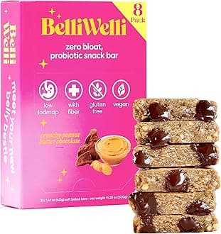 Belliwelli Soft Baked Probiotic Snack Bars | Gluten-Free, Dairy-Free, Vegan, Low-FODMAP | High-Fiber, Healthy & Tasty | Crunchy Peanut Butter (8 Pack)