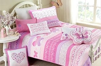 Cozy Line Home Fashions 6 - Piece Quilt Bedding Set Pink Butterfly Bedspread Coverlet 100% Cotton Gifts for Girl Kids (Queen - 6pc: 1 Quilt + 2 Shams + 3 Decorative Pillows)