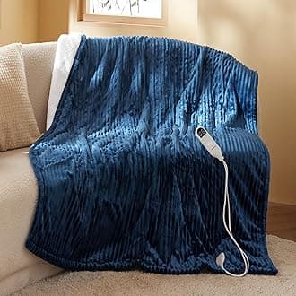Bedsure GentleSoft Heated Blanket Throw - Soft Ribbed Flannel Electric Blanket, Heating with 6 Time Settings (Up to 10H), 6 Heating Settings, Warm Gifts for Grandma (50x60 inches, Navy)