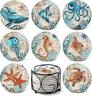 Teivio Absorbing Stone Sea Ocean Life Coasters for Drinks, Cork Base with Holder,Coastal Decor Beach Theme Tropical,for Housewarming Apartment Kitchen Bar Decor, For Wooden Table Coffee table,Set of 8