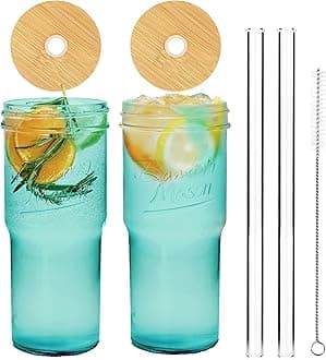 ANOTION Colored Glass Cups with Lids and Straws - 24oz Travel Coffee Mug Wide Mouth Mason Jar Iced Coffee Cup Smoothie Cup Glass Tumbler Tea Cup Clear Cute Water Cups Colorful Drinking Glasses