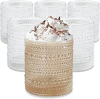 Beaded Drinking Glasses Set of 6, 10 oz Retro Vintage Glassware - Boho Cocktail Water Juice Glasses, Hostess or Housewarming Gift