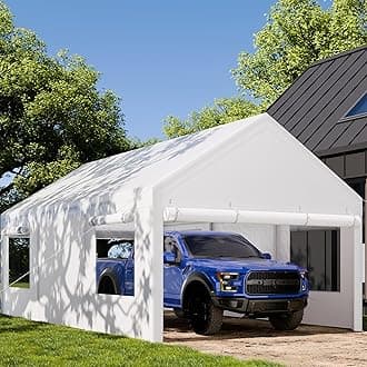 JAMFLY 12×20 Heavy-Duty Carport, Portable Garage with Roll-Up Windows, Removable Sidewalls and Doors, Sandbags, and All-Season Tarp for Cars, Boats, Trucks, and Motorcycles, White