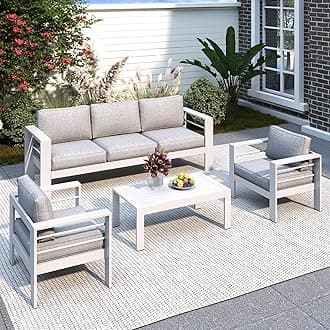 Solaste Aluminum Patio Furniture Set, 4 Pcs Modern Outdoor Conversation Set Couch Sofa with Upgrade Cushion and Coffee Table, White