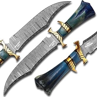 Kidsnado Damascus Steel Hunting Knife - Fixed Blade Knives with Sheath - Firm Grip Handle Made of Camel Bone (Blue)