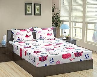 Trance Home Linen Design 180TC 100% Cotton King Size Cartoon Printed Kids Bedsheet | Bedding Set of King Size Flat Bed Cover with 2 Pillow Covers (108x108 inch | 9ft x 9ft - Boat Pink)