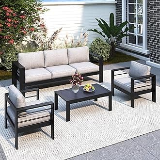 Solaste Aluminum Patio Furniture Set, 4 Pcs Modern Outdoor Conversation Set Sectional Sofa with Upgrade Cushion and Coffee Table,Black Frame and Grey Cushion