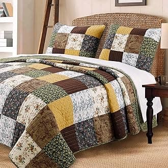 Cozy Line Home Fashions Andy Brown Quilt Bedding Set, 100% COTTON Striped Real Patchwork, Black Olive Country Style, Reversible Coverlet, Bedspread Set for Men/Women (King - 3 piece)