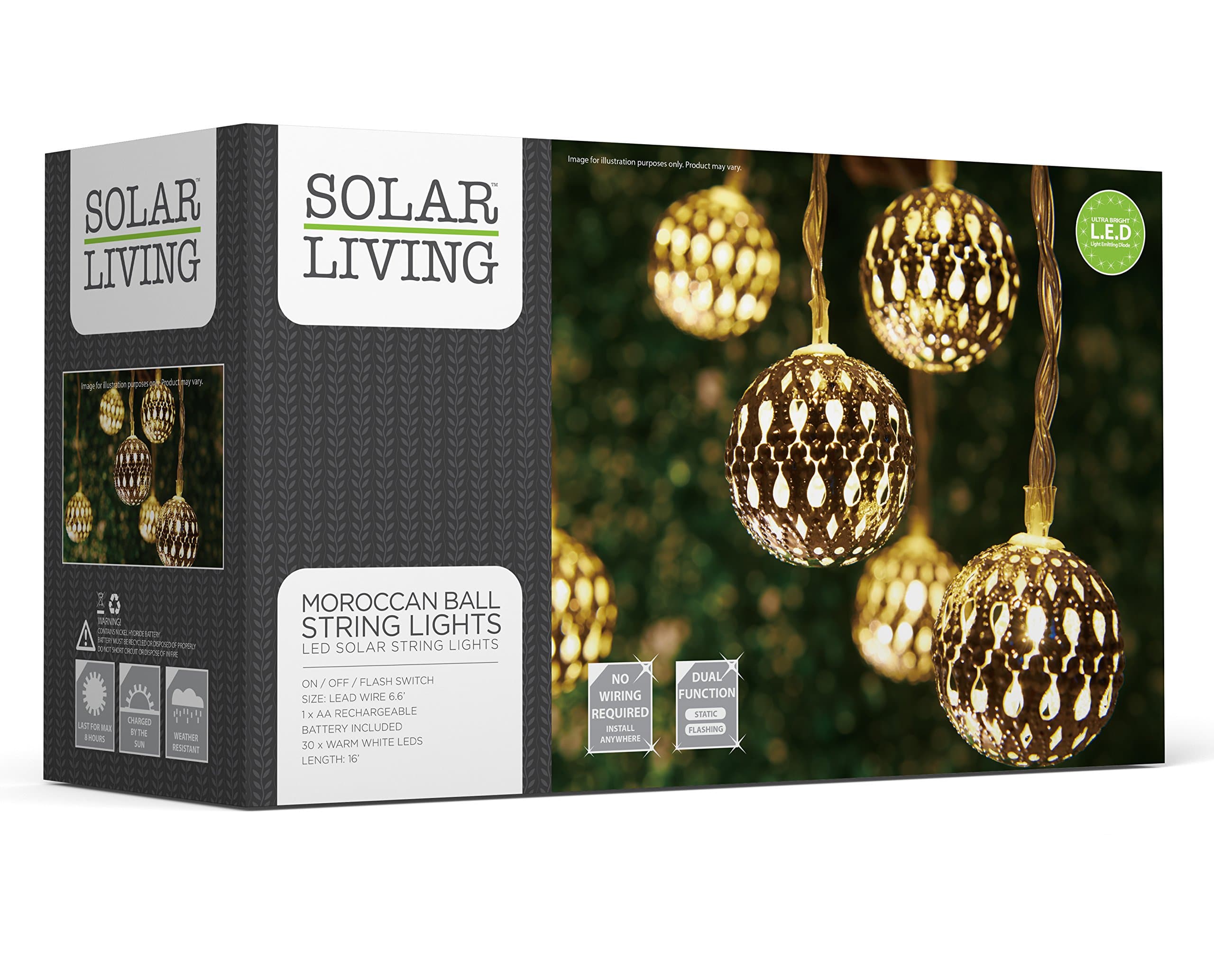 SOLAR LIVING Solar Moroccan Ball String Lights 30 LEDs Total. Extra Long Length. Ambient Warming Outdoor Decor. No Wiring Required. 8 Hours of Glowing Charge. Perfect for Patio, Garden, and More