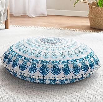 Codi Meditation Floor Pillow, Round Large Pillows Seating for Adults, Bohemian Mandala Circle Cushion for Outdoor Fireplace Yoga Living Room, 32 Inch, Memory Foam Added, Aqua