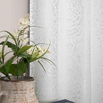 Mrs.Naturall Off White Damask Moroccan Pattern 3D Jacquard Embossed Embroidered Curtains 63 Inches Long for Bedroom Living Room 2 Panels Set,Ivory