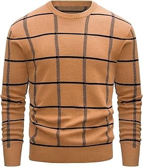 Men's Crewneck Sweaters Cotton Lightweight Plaid Pullover Sweater Warm Casual Fall Winter Sweatshirts