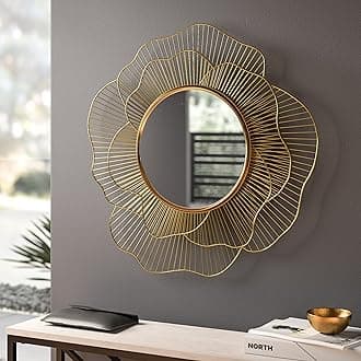 Iron Decorative Mirror Wall Mounted Hanging Mirror Sculpture Metal Golden Rose Design Modern Art Mirror for Home Decor (Artistic, Framed)
