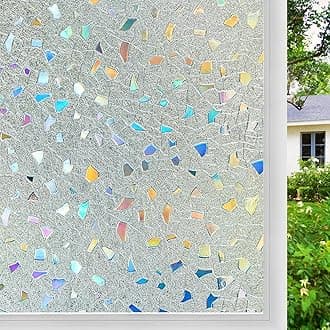 Coavas Stained Glass Window Privacy Film 3D Rainbow Decorative Heat Control UV Blocking Non-Adhesive Removable Vinyl Film Window Tint for Bathroom Door Covering, Pure, 23.6 x 118.1 inch