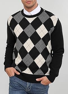 RQP Men's Crewneck Sweater Slim Fit Argyle Pattern Long Sleeve Knit Pullover Sweater for Casual Or Dressy Wear
