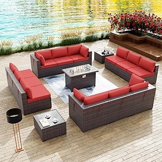 15 Pieces Outdoor Patio Furniture Set with 43" 55000BTU Gas Propane Fire Pit Table PE Wicker Rattan Sectional Sofa Patio Conversation Sets,Red