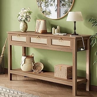 SUPERJARE Rattan Console Sofa Table with Outlets and USB-C Port, 3 Drawer Entryway Table with Synthetic Rattan Surface, Open Shelf, Behind Couch Entry Foyer Hallway Storage, Brown