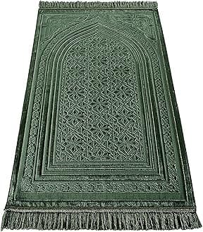 ModefaLuxury Velvet Prayer Rug with Prayer Beads | Soft Elegant Muslim Turkish Janamaz Sajada Carpet for Men and Women | Plain Solid Prayer Mat Ramadan Eid Gift - Najma (Green)