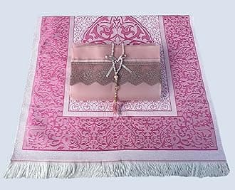 Muslim Prayer Rug, 7 in One Gift Set, Prayer Mat Surah Book, Tasbeeh, Scarf, Surah Case, Bookmark, Car Mirror Hanger, Prayer Beads,Islamic Gift for Umrah, Hajj, Wedding, Janamaz (Purple) (A1)