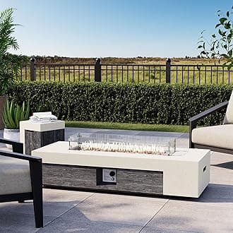 COSIEST 56" Outdoor Propane Fire Pit Table w Tank Cover & Wind Guard, Rectangle Gas Fire Pit Table with Concrete & Wood Grain Design, 50000BTU Fire Tables for Patio, Backyard, Garden