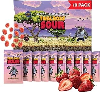 Final Boss Sour Candy, Sour Strawberries, 10 Pack, Level 1, Fruit Chews with Real Dried Fruit, No Artificial Colors or Flavors, Low Calorie Snack for Kids, Teens, Adults, Lunch Boxes