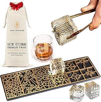 Clear Ice Cube Maker Design Tray - Craft Modern Ice Molds for Bourbon & Cocktails in 5 Seconds - Whiskey Mold Cube Stamp – Bartender Accessories - Copper Ice Press Cocktails by Ash Harbor (Seasons)
