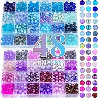 XSEINO About 1200PCS 8mm Glass Beads Bracelet Making Kit，48 Assorted Dreamy Purple and Blue Series Colorful Crystal Beads for Making and DIY Crafts