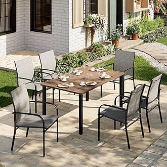 Patio Table and Chairs Set, Outdoor Dining Set for 6 with Brown Chairs and Teak Color Tabletop Outdoor Dining Table, 7-Piece Patio Furniture Set for Deck Backyard Lawn