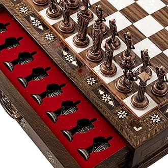 15’’ Handmade Walnut Wooden Chess Set – British Style Metal Chess Pieces – Luxury Storage Chess Board for Adults & Gift for Dad (Walnut)