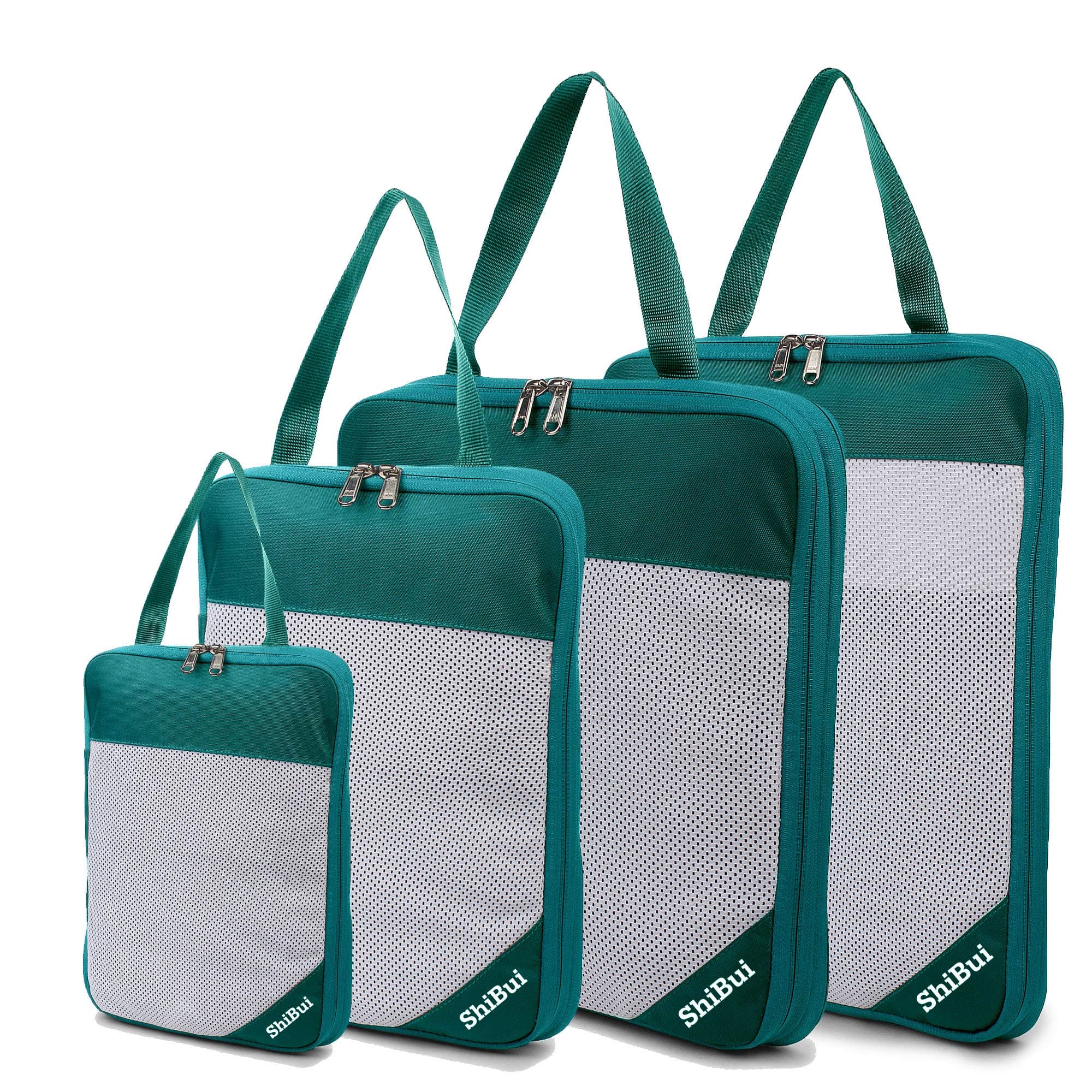 SHIBUI Compression Packing Cubes Fabric Travel Organizer small medium large 4pcs (Sea Green)