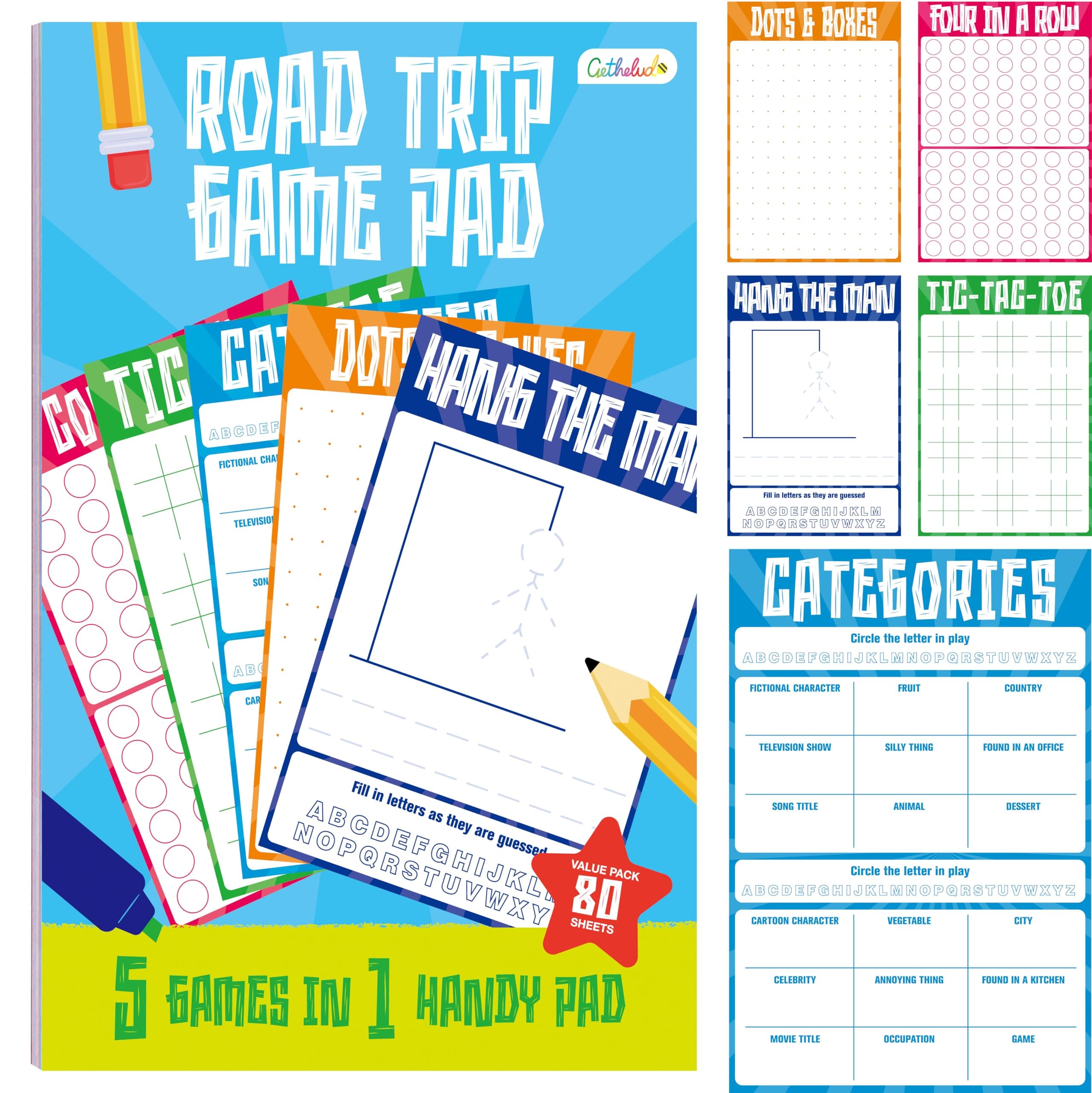 Road Trip Game Pad, 80 Perforated Sheets Travel Activity Pad, 5 Games in 1 Pad, Plane, Car Trip Activity, Pen Pencil & Paper Game for Kids, Adults (6” x 9”)