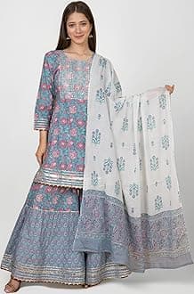 Women Cotton Festive Embrodriery Printed Kurta With Sharara & Dupatta