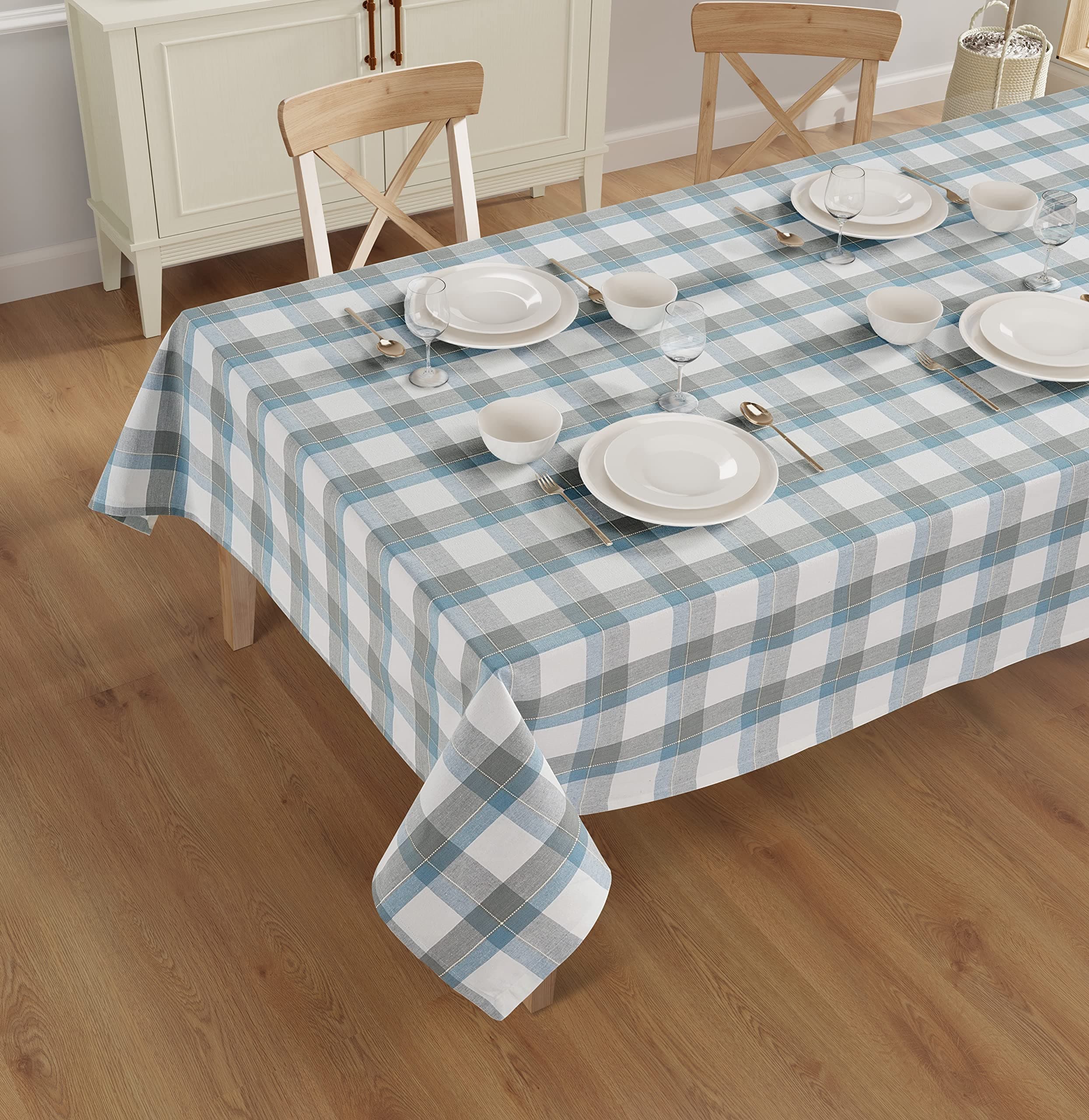 Rectangle Table Cloth - Table Cover - Cotton Mitered Stitched - Checks Table Covers for Kitchen Dining, Wedding, Decorations, & Parties - 60x104 in - Blue Tartan