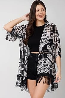 Women's Black & White Printed Kimono Shrug