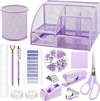 15 Pcs Purple Office Supplies Set Mesh Desk Organizer Accessories Kit Include Stapler Tape Dispenser Staple Remover Clips Ruler Scissors Sticky Notes for Office School Home Women (Purple)