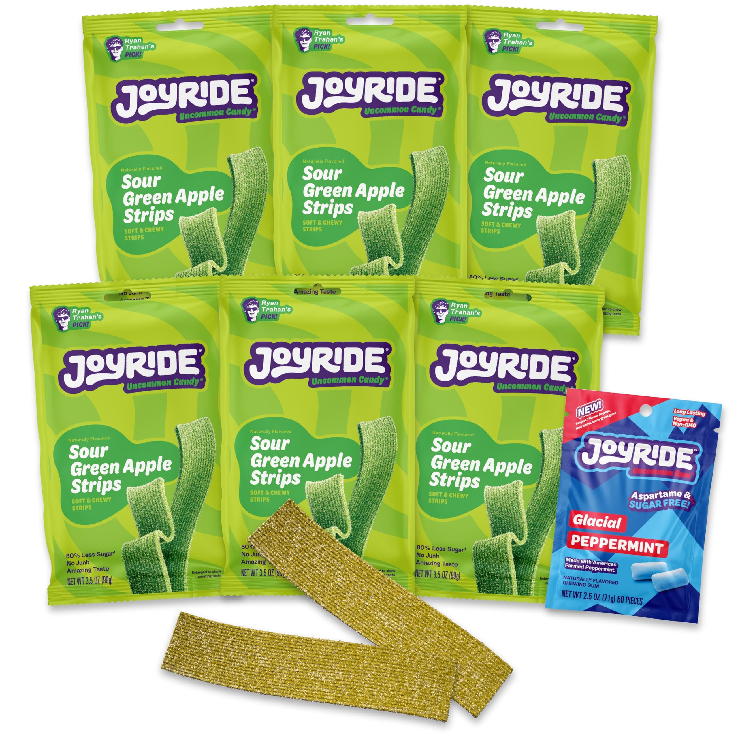 JOYRIDE Green Apple Sour Strips - 3.5 oz 6-Pack Bundle with 2.5oz Glacial Peppermint Gum, Low Sugar, Sour Belt Candy, Dye Free, Low Calorie Snacks, Healthy Candy (7 Items)