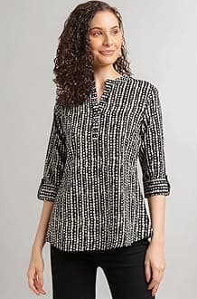 NAINVISH Tops for Women Printed Regular Fit Shirt, Tops for Women Stylish Latest|Office Wear Tops for Women|Cotton Blend Tops for Women|Mandarin Collar Top