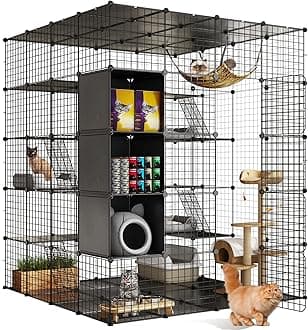 YITAHOME 5-Tier Large Cat Cage Indoor & Outdoor, 140x140x175cm DIY Cat Enclosure with Hammock, 3 Doors & Roof Window, Pet Playpen for 1-5 Cats, Rabbits, Includes Storage Cube & Floor Mat