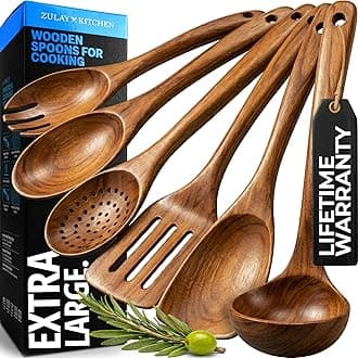 Zulay Kitchen Extra-Large 6-Piece Wooden Spoon Set - Smooth Teak Cooking Utensils - Comfort-Grip Non-Stick Turner, Spatula, Skimmer, Fork, Serving Spoon