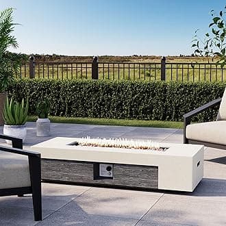 COSIEST 56" Outdoor Propane Fire Pit Table Rectangle Gas Fire Pit Table with Concrete & Wood Grain Design, 50000BTU Electronic Ignition Fire Tables for Patio, Backyard, Garden Heating