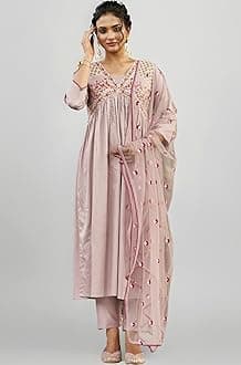 Womanista Women's Cotton Blend Floral Yoke Design Pleated Thread Work Kurta Trouser With Dupatta Set (Kurtaset_1214)