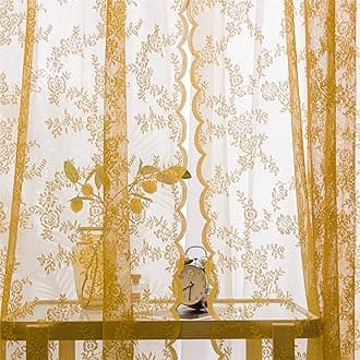 Deeprove Gold Lace Boho Curtains 84 Inches Long, Sheer Curtains Window Treatment Drape Pair 2 Panels Set for Bedroom Living Room Halloween, Dark Orange Bohemian Florals Vintage, Rod Pocket W57 x L84