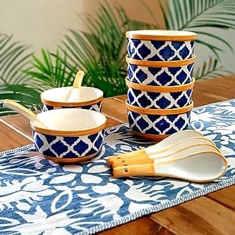 Hand-Painted Ceramic Soup Bowls Set of 6 with Matching Spoon | Yellow Bowls, 300ml Each | Ideal for Serving Soup, Maggi, Dessert | Microwave and Dishwasher Safe